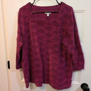 Kim Rogers Pink and Black Striped Square-Neck Long Sleeve Top